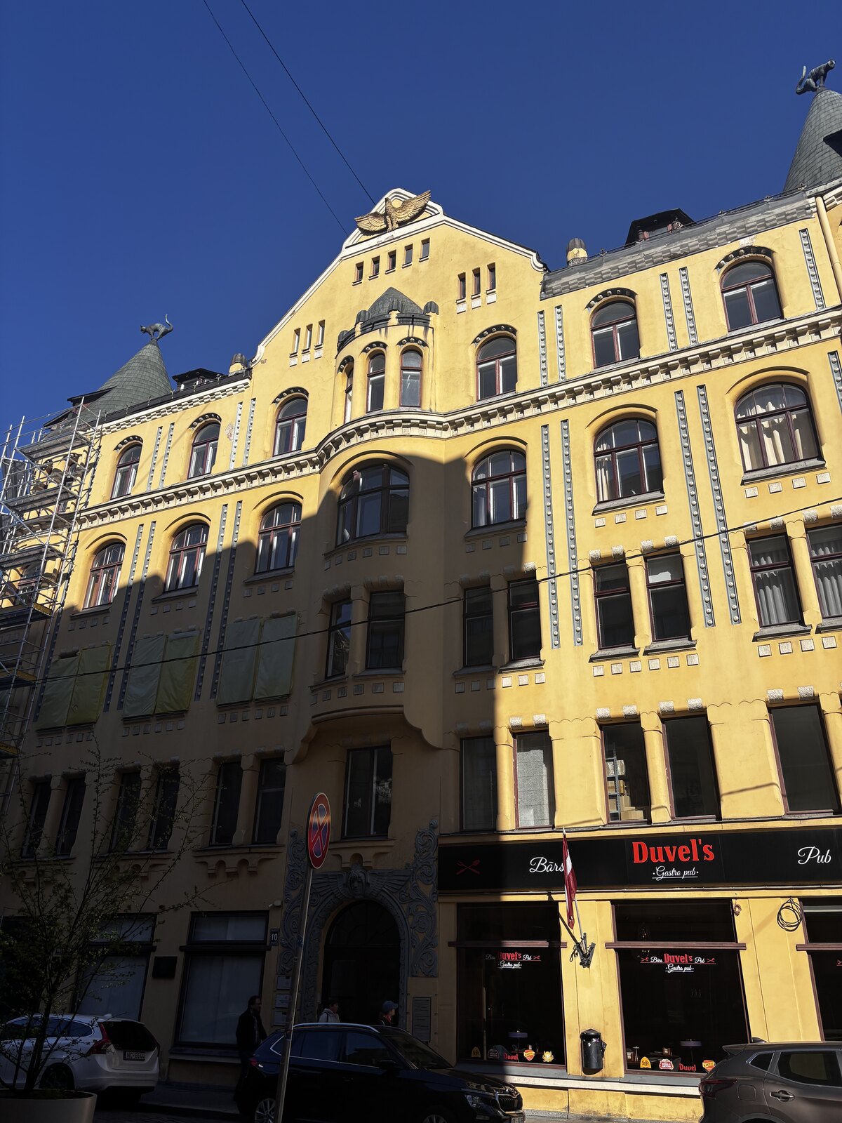 Art Nouveau facade across from the Cat House on Meistaru iela, Riga Old Town