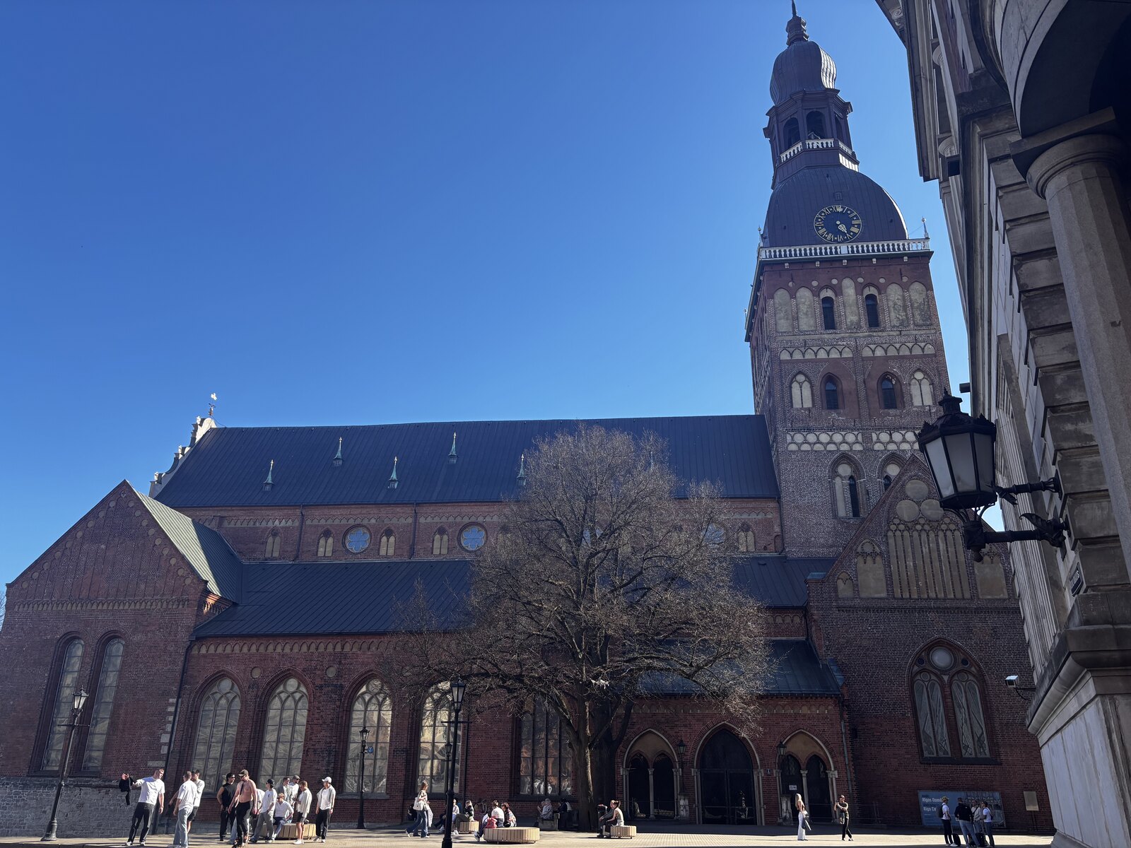 Riga Cathedral on Doma laukums with its baroque cupola against a blue spring sky, Latvia