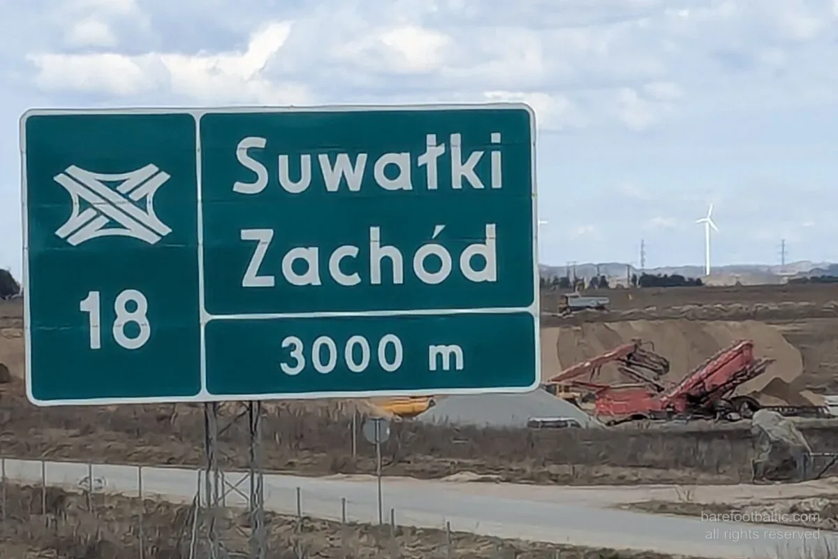 Suwałki Zachód exit sign on the S61 expressway through the Suwałki Gap, north-east Poland.
