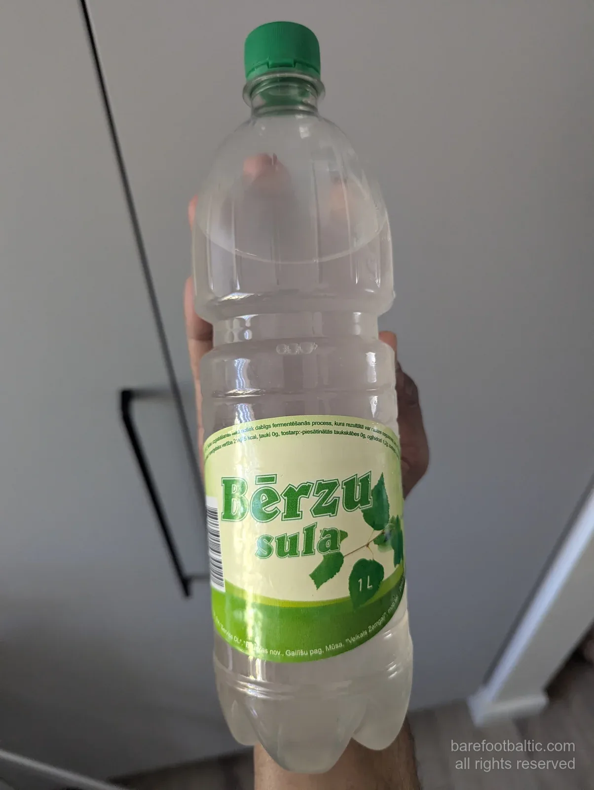 A 1-litre PET bottle of Bērzu sula (Latvian birch sap) with a green leaf-pattern label, held up against a kitchen wall