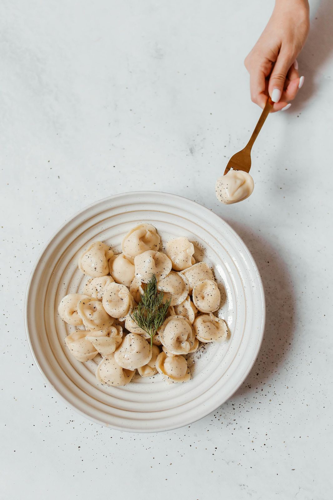 Pelmeņi dumplings on a white plate with a sprig of dill, a hand lifting one with a fork