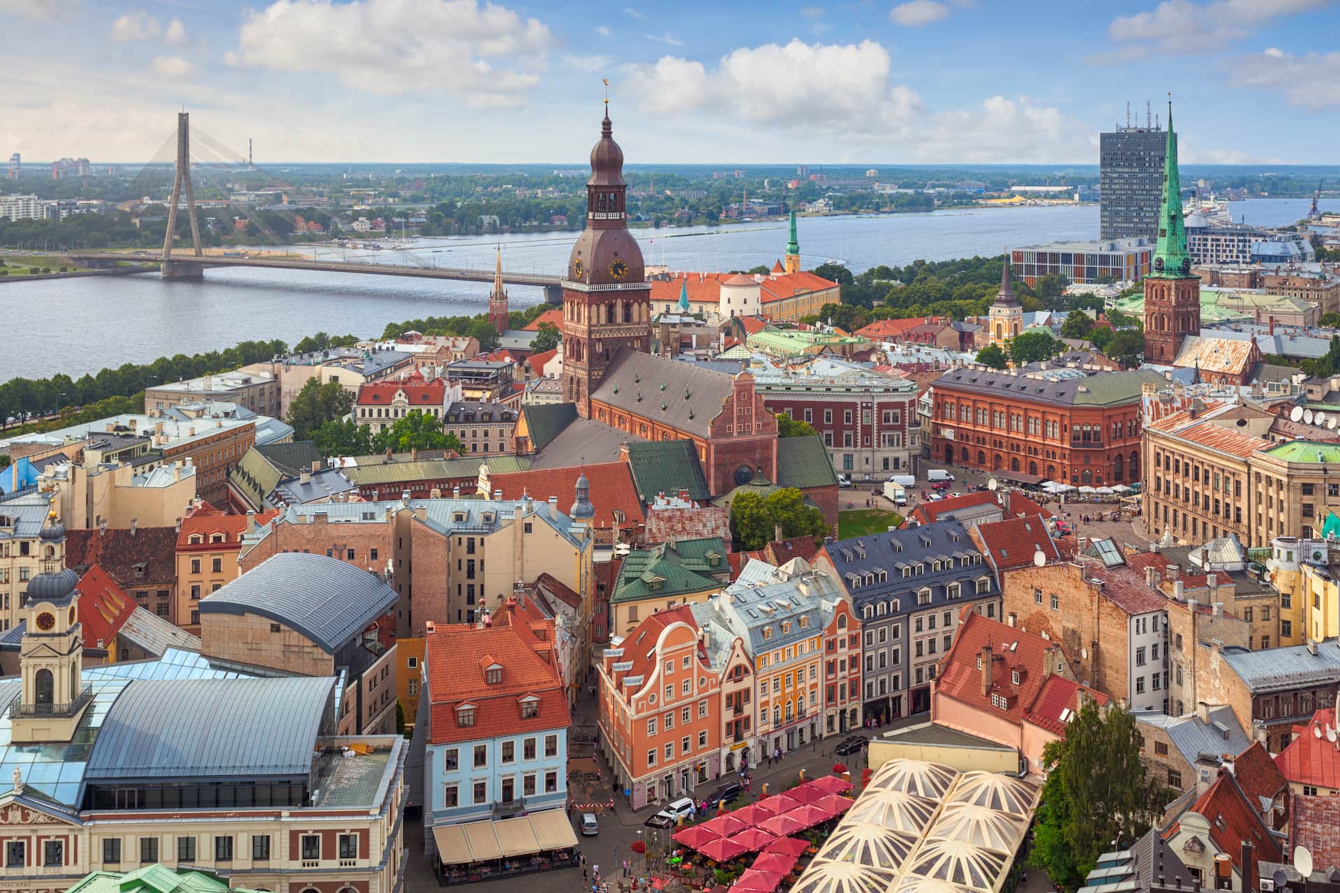 Riga Old Town aerial view over the Daugava river